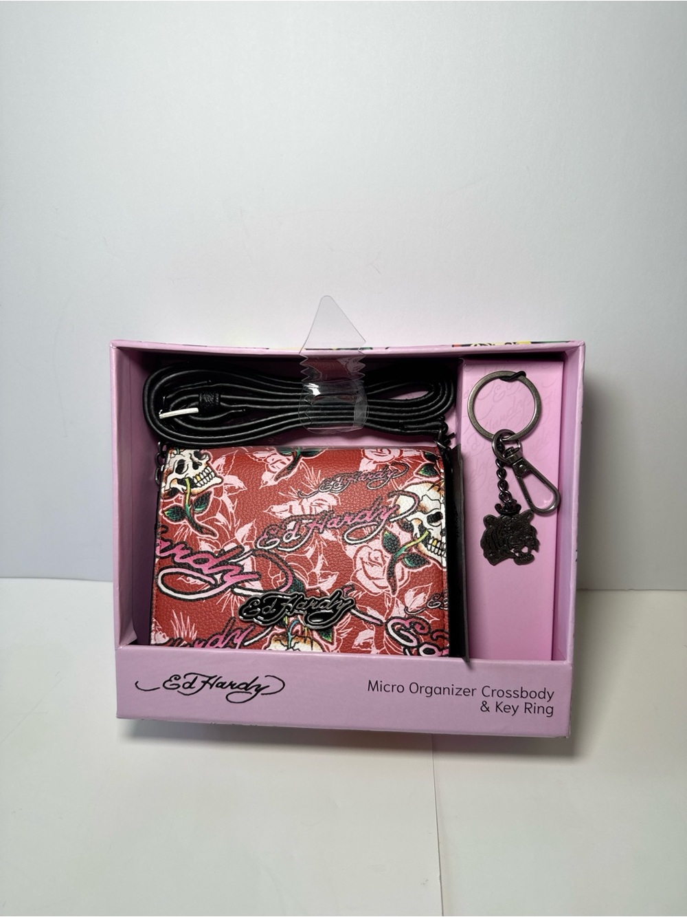 Ed Hardy Micro Organizer Crossbody Key Ring Skull Rose Pink Wallet Bag Gift Set